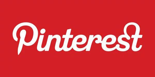 The Pinterest logo features the word Pinterest in a flowing, white script font on a solid red background.