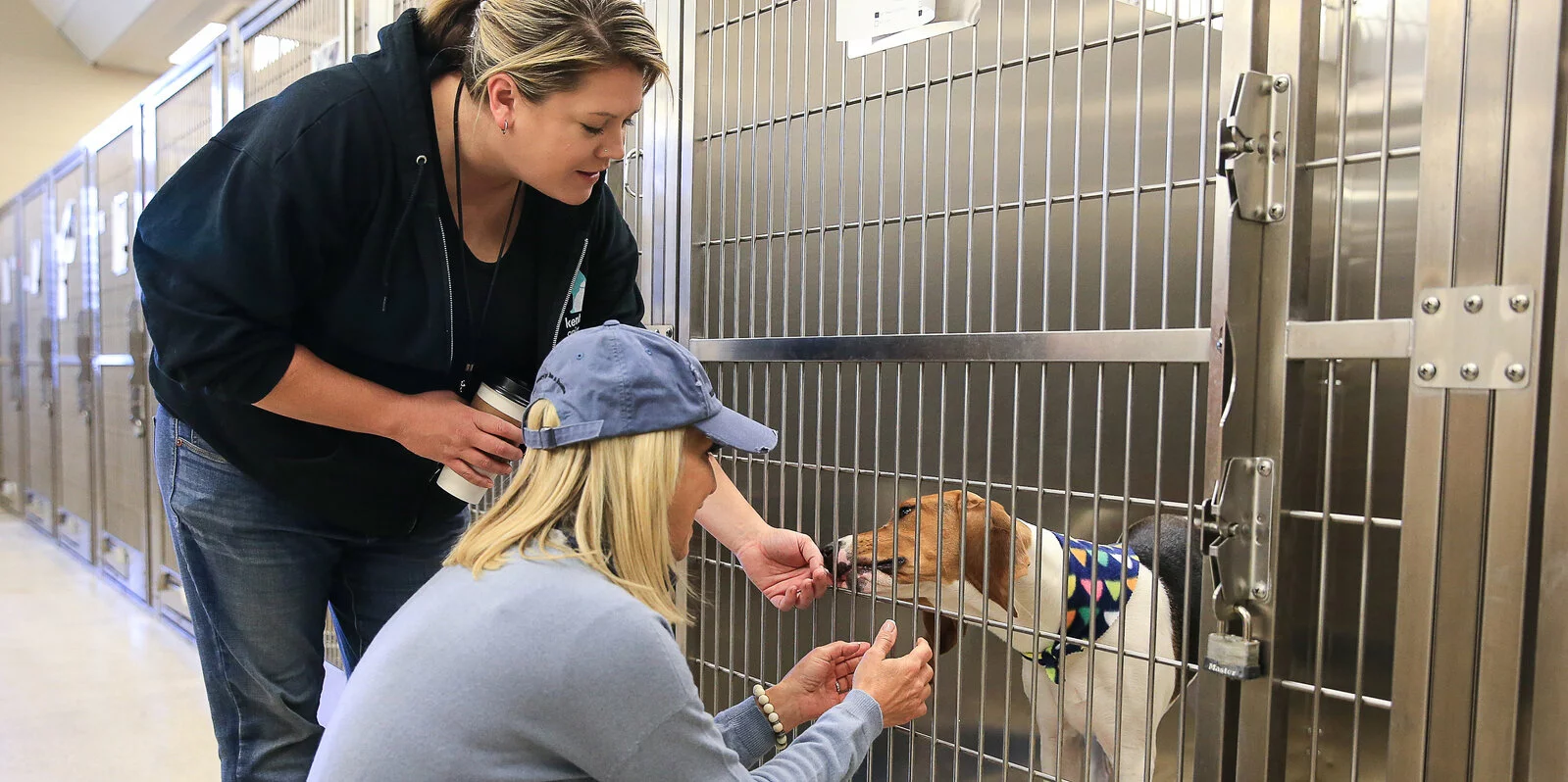 Two women interact with a dog inside an animal shelter kennel, one crouching to feed treats through the bars while the other stands nearby, both appearing friendly and caring.