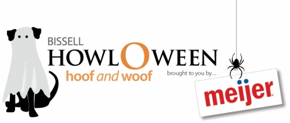 A dog wearing a ghost costume sits next to the text “Bissell Howloween hoof and woof, brought to you by Meijer,” with a hanging spider and a Meijer sign.