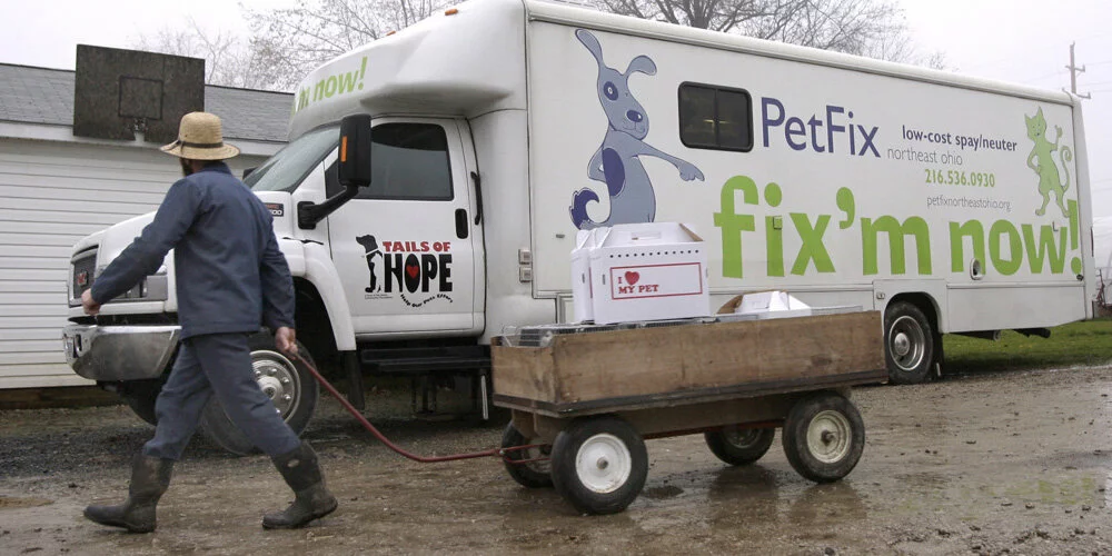 A person in a hat pulls a wooden cart with a pet carrier toward a mobile spay/neuter van labeled “PetFix” and “fix’m now!” on a rainy day. The van features a cartoon dog and contact information.