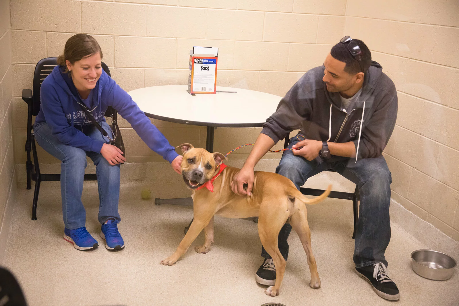 Two people sit in a room petting a tan dog on a leash. The dog looks happy and is standing while both people smile and reach out to pet it. A table and dog bowl are in the background.
