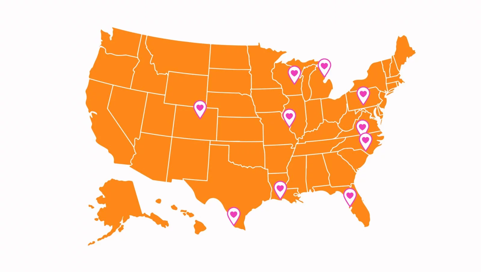 A map of the United States in orange with ten pink location markers spread across various states, highlighting specific cities or areas on the map.