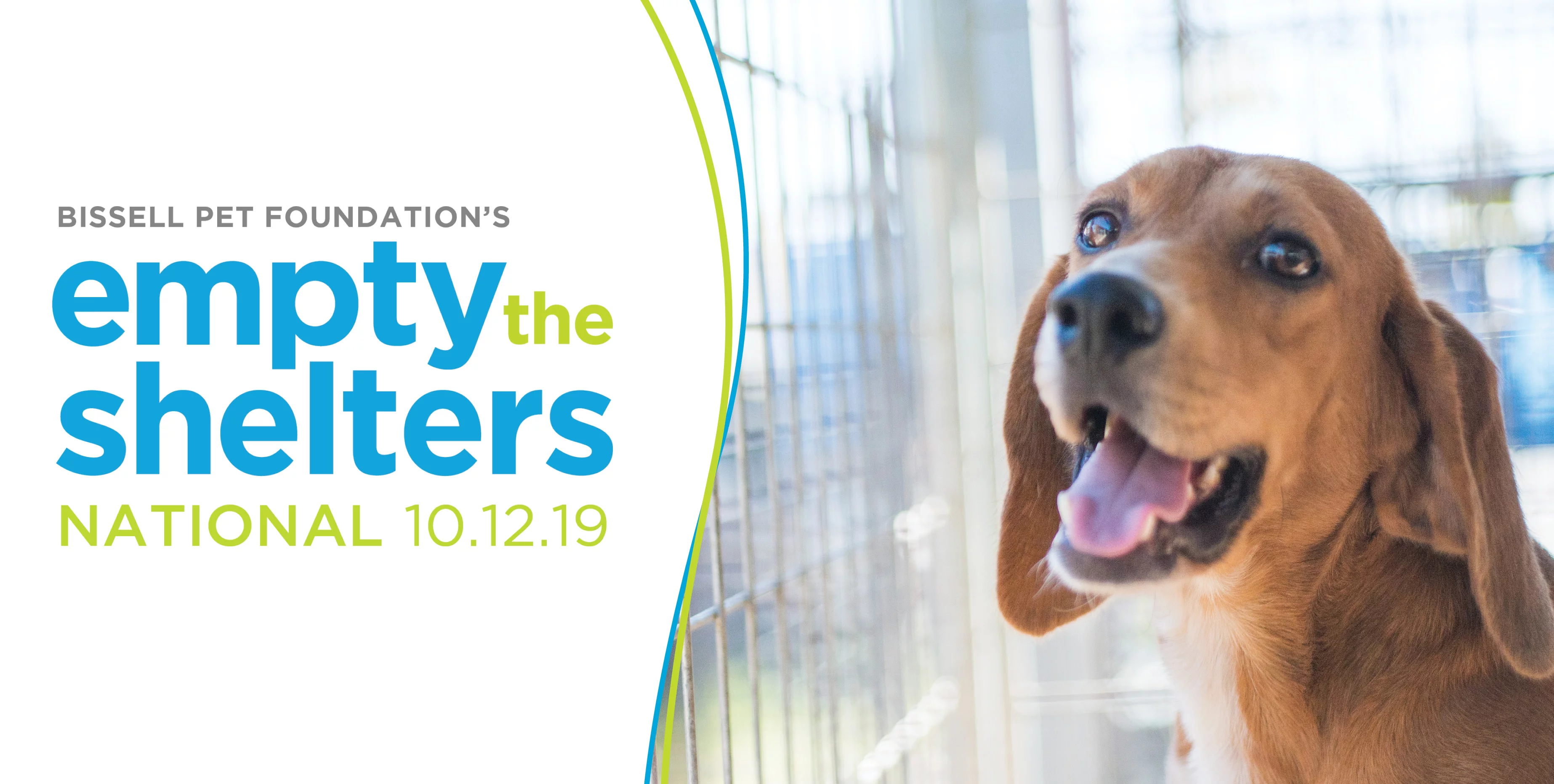 A brown dog with floppy ears looks out from inside a kennel. Text on the left reads, Bissell Pet Foundations Empty the Shelters National 10.12.19.