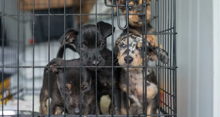 Four young puppies, including black and merle-colored ones, stand close together inside a metal crate, looking out through the bars with curious and gentle expressions.
