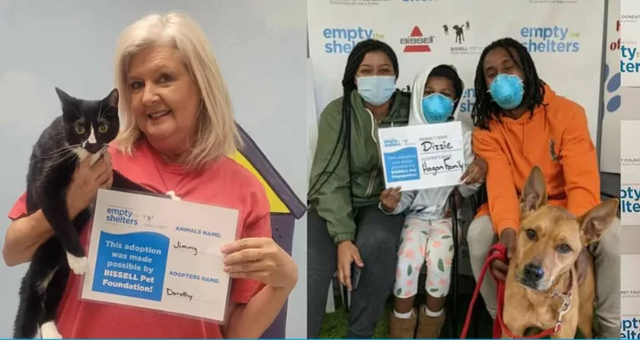Two photos: On the left, a woman holds a black-and-white cat and an adoption sign. On the right, three people wearing masks sit with a tan dog, holding an adoption certificate, in front of an empty the shelters banner.