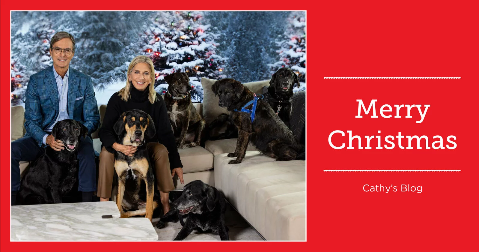 A smiling couple sits on a couch surrounded by seven dogs in front of a snowy holiday backdrop, celebrating the lifesaving joy pets bring. The red border reads Merry Christmas and Cathy’s Blog.