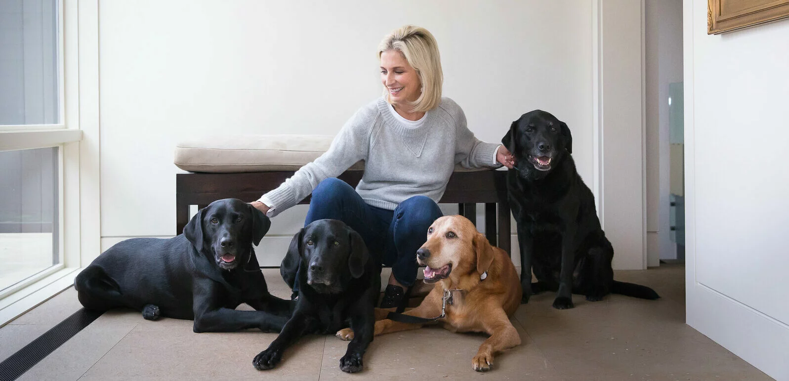 A woman sitting indoors on the floor smiling, surrounded by four dogs—three black Labradors and one brown dog—all appearing calm and relaxed.