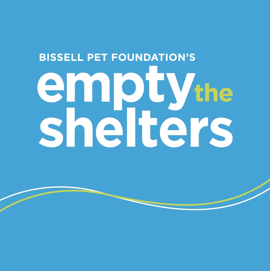 Blue graphic with white and yellow text that reads: Bissell Pet Foundation’s empty the shelters. Curved white and yellow lines run along the bottom of the image.