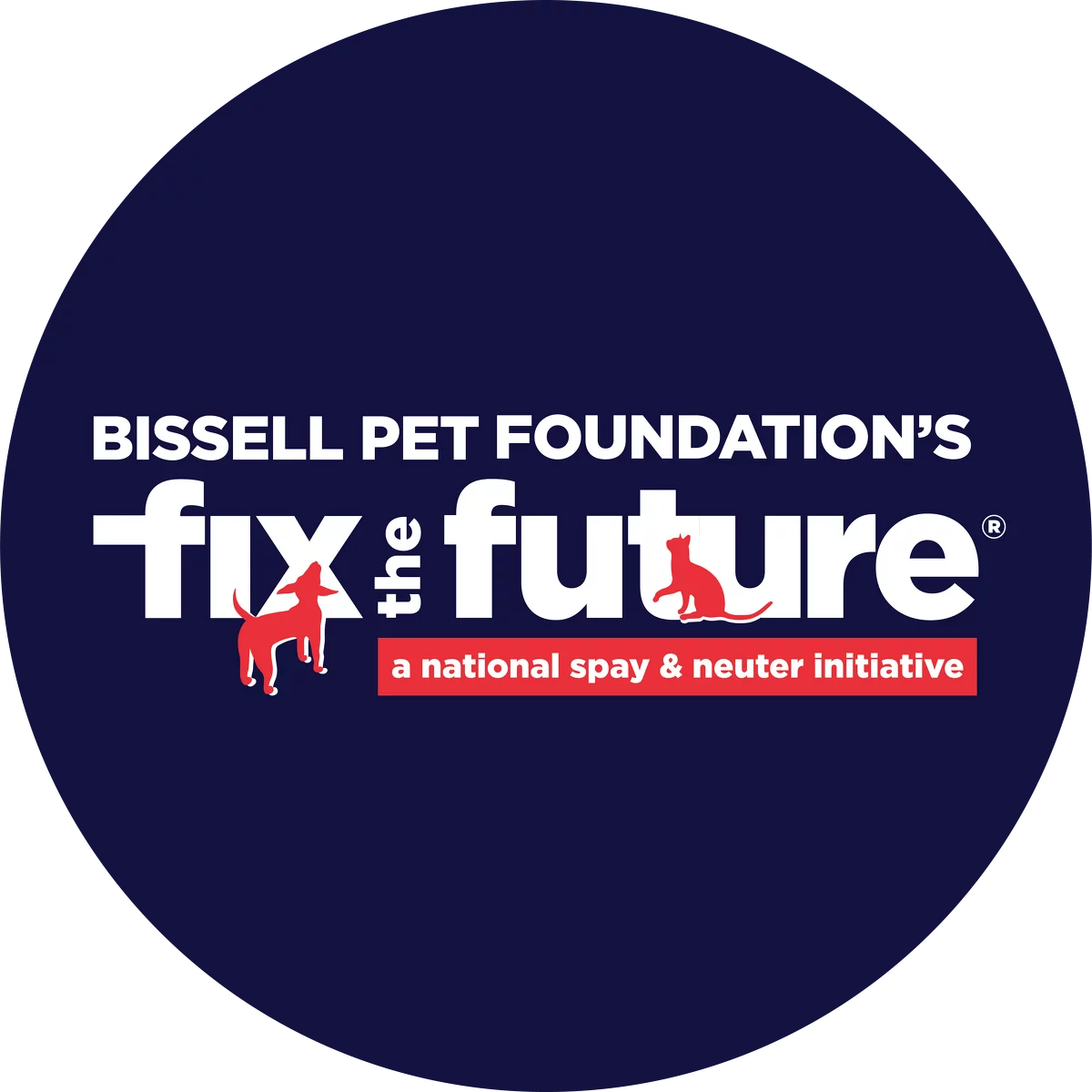 Bissell Pet Foundation’s Fix the Future logo with silhouettes of a cat and a dog, promoting a national spay and neuter initiative. The background is dark blue.