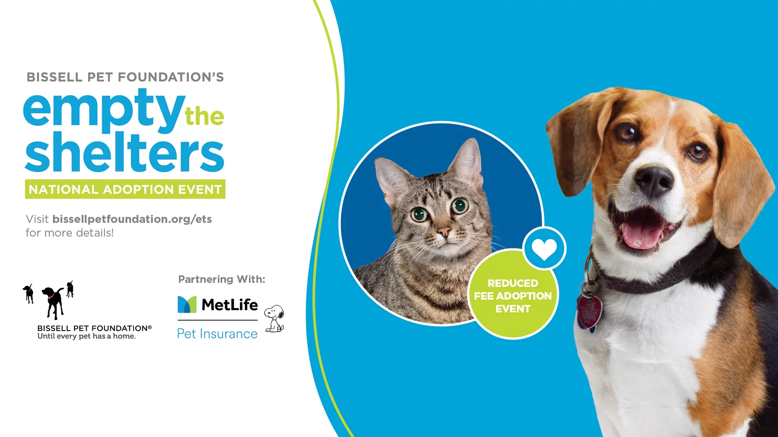 A promotional graphic for Bissell Pet Foundations Empty the Shelters adoption event features a gray tabby cat and a brown and white dog, highlighting a reduced fee adoption event with logos and contact details.
