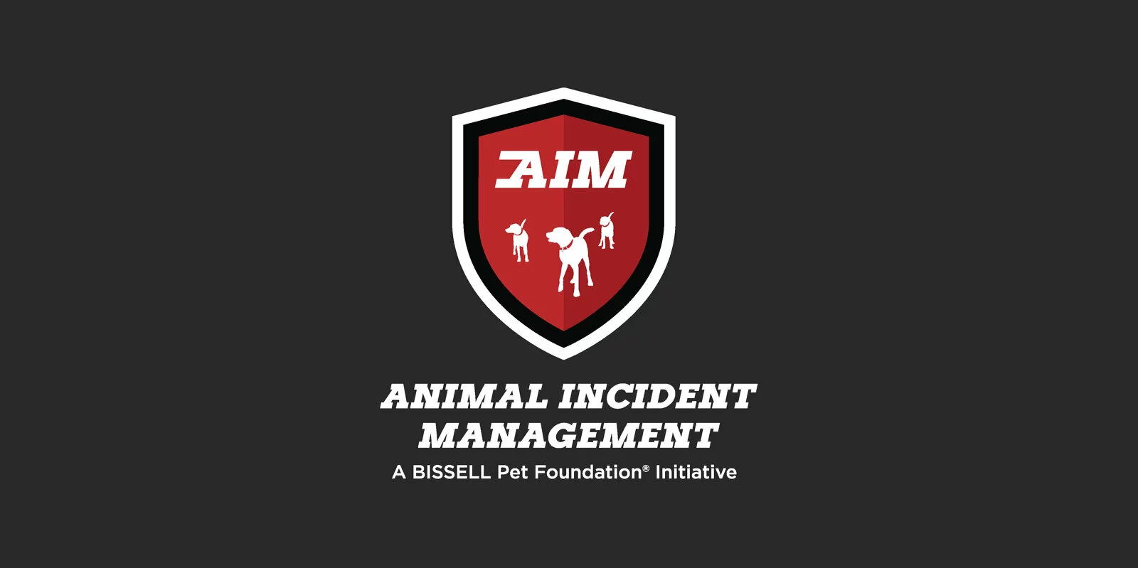 A red and black shield logo with AIM and white animal silhouettes. Below, bold text reads Animal Incident Management and smaller text says A BISSELL Pet Foundation Initiative on a dark background.