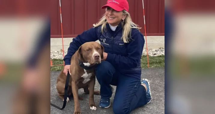 A woman in a red cap kneels next to a brown and white dog on a leash, smiling outdoors near a red wall.