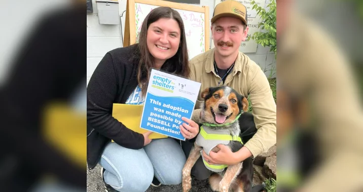 Two smiling people kneel next to a happy dog wearing a harness. The woman holds a sign reading This adoption was made possible by BISSELL Pet Foundation!” A whiteboard and plants are visible in the background.