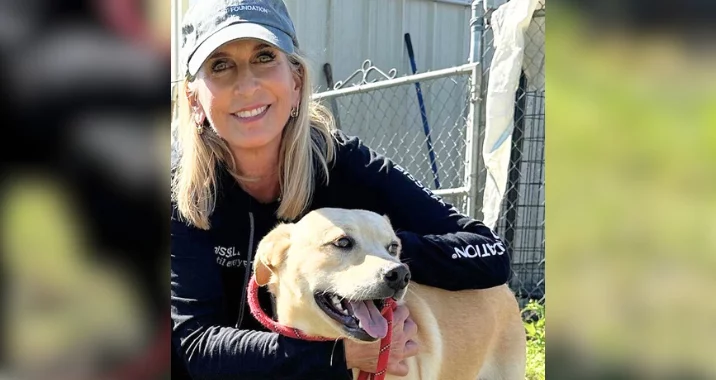 A smiling woman wearing a cap and a dark hoodie kneels beside a tan dog with a red collar. The dog is panting happily, and they are outside near a metal fence on a sunny day.