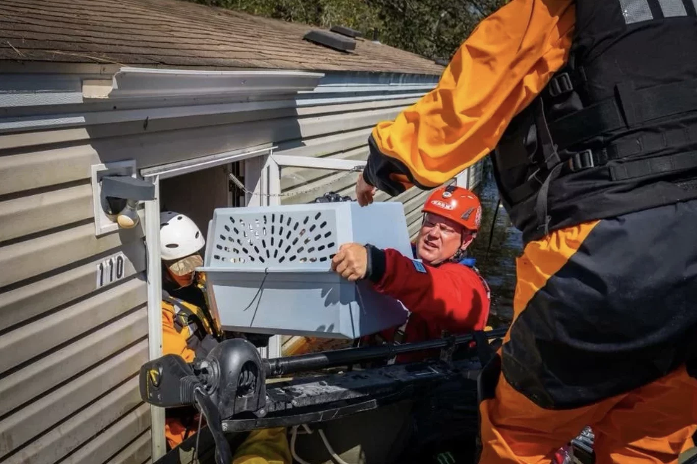 Rescue workers in orange gear use a boat to save a pet in a carrier from a flooded house, passing the carrier through a window.